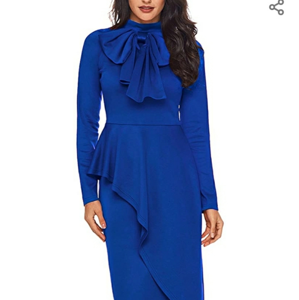 Blue Tie Neck Peplum Waist Bodycon Dress